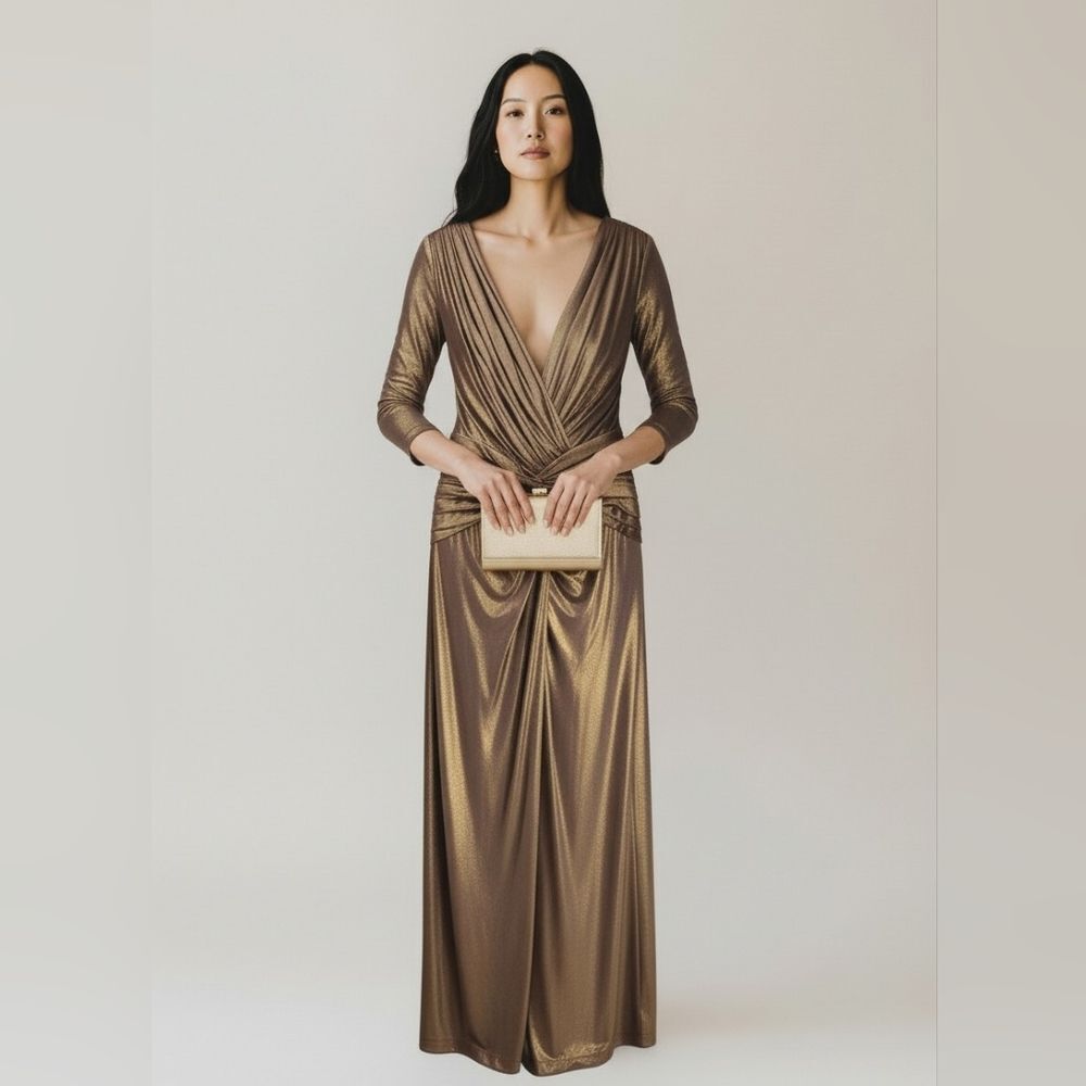 Tadashi Shoji Antique Gold Shimmer Gown